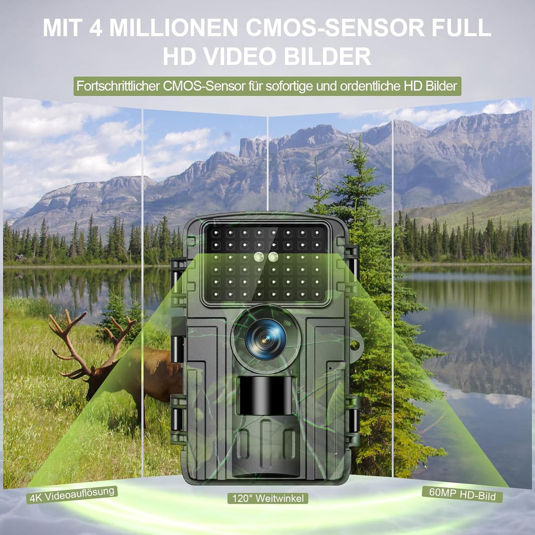 Wildkamera, 4K Video Wildtierkamera, 60MP Full HD WLAN mit Handyübertragung APP, Bewegungssensor, Na
