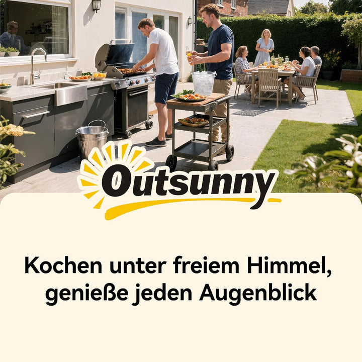 Outsunny Grillwagen 3-Etagen Grilltisch mit Edelstahl Arbeitsfläche Rollen mobiler Servierwagen Outd