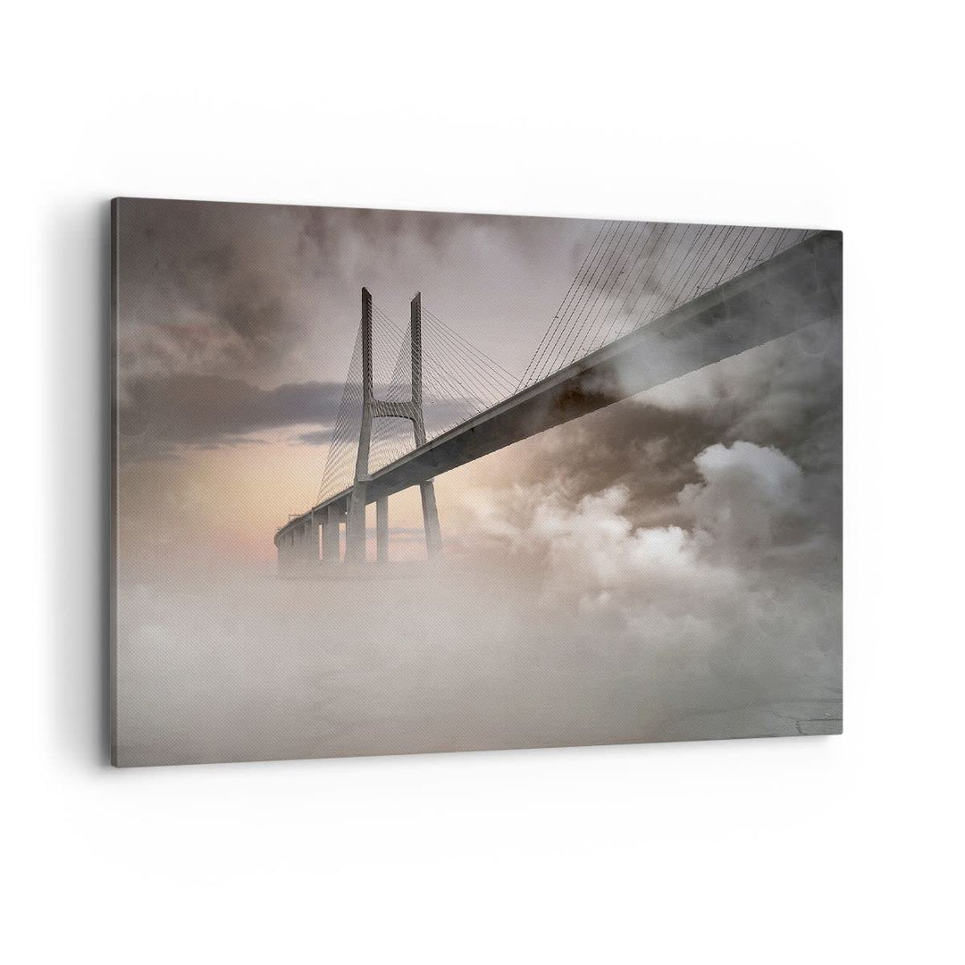 Bilder auf Leinwand 100x70cm Leinwandbild mit Rahmen Brücke Nebel Wasser Gross Wanddeko Bild Schlafz