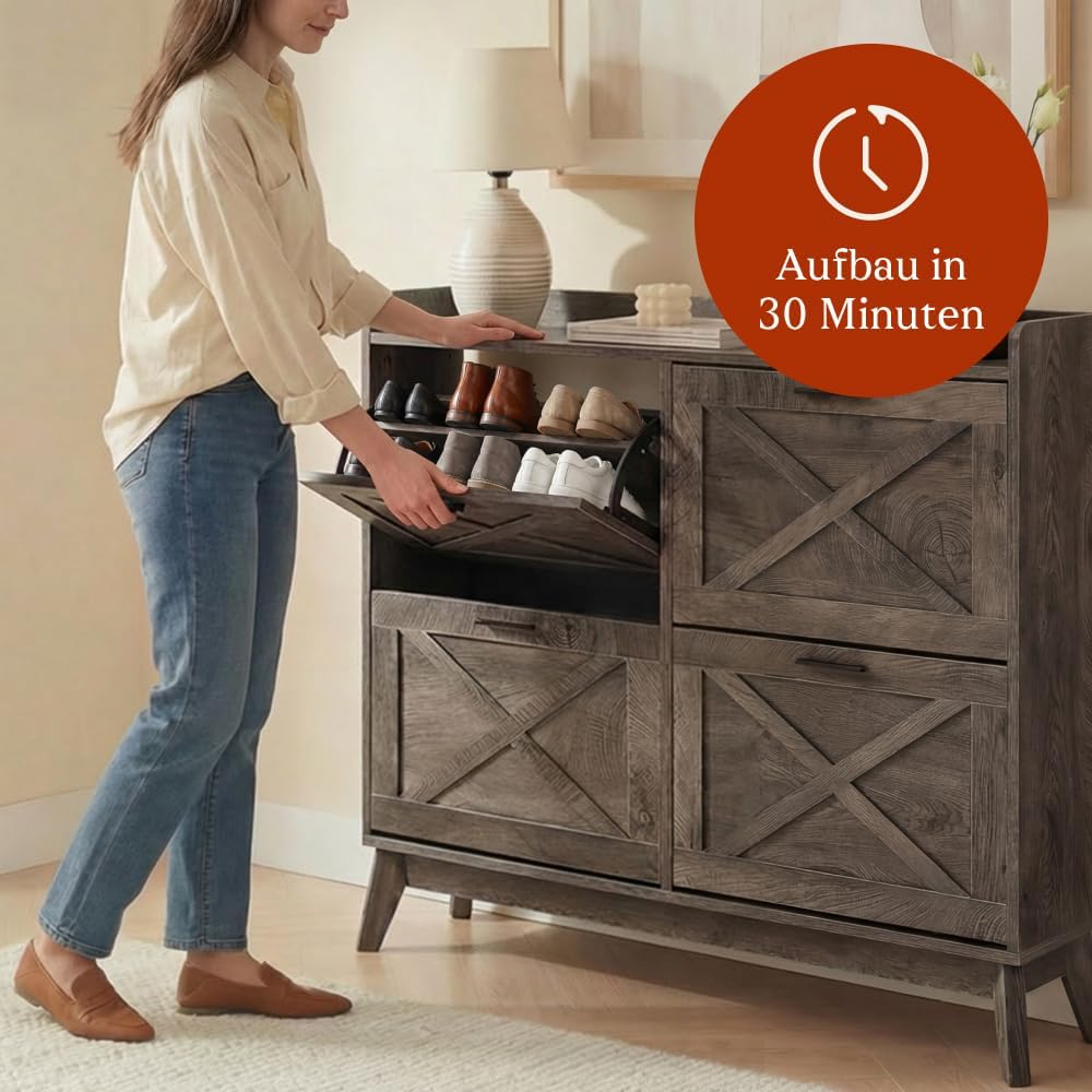 CASABEL Schuhschrank mit 4 Klappen, Fronten mit Kreuzmuster, DunklesHolz, Funktionales Design, Gross