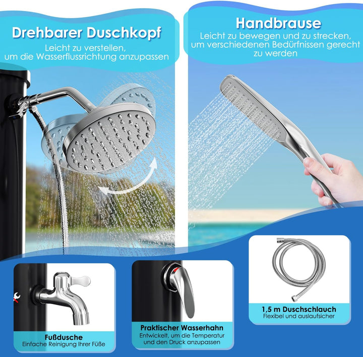 Eulenke Solardusche 20L Solar Gartendusche mit 360°Regenduschkopf, Wasserhahn und handbrause, Warmes