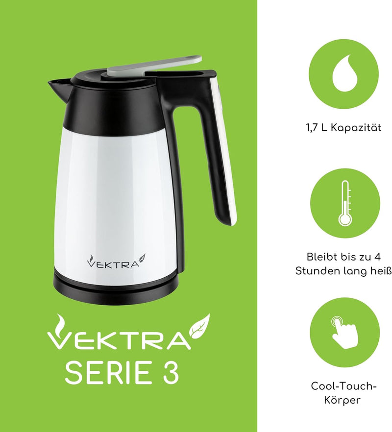 Vektra VEK-1703 Vakuumisolierter, Doppelwandiger Wasserkocher mit Temperatureinstellung – 1,7L, Edel