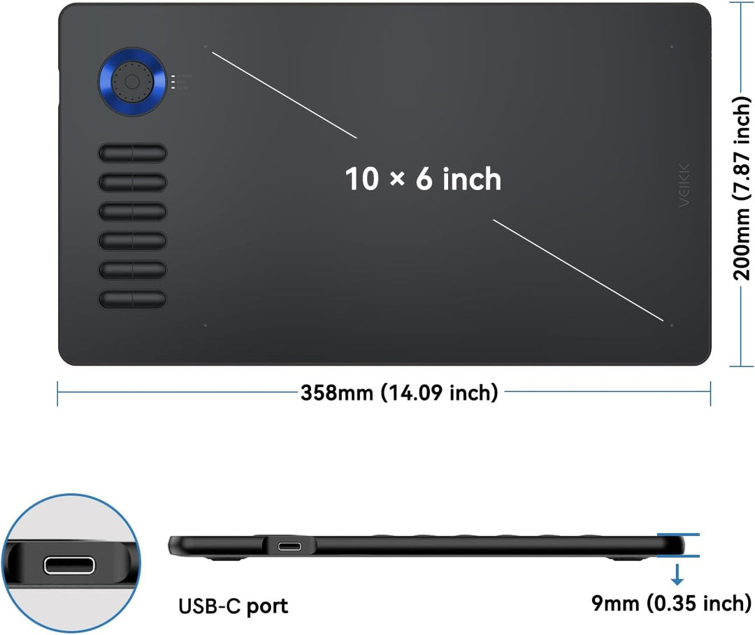 Grafiktablett für PC VEIKK A15 Pro, 10x6 Zoll Zeichentablett mit batterielosem Stift und 12 Express-
