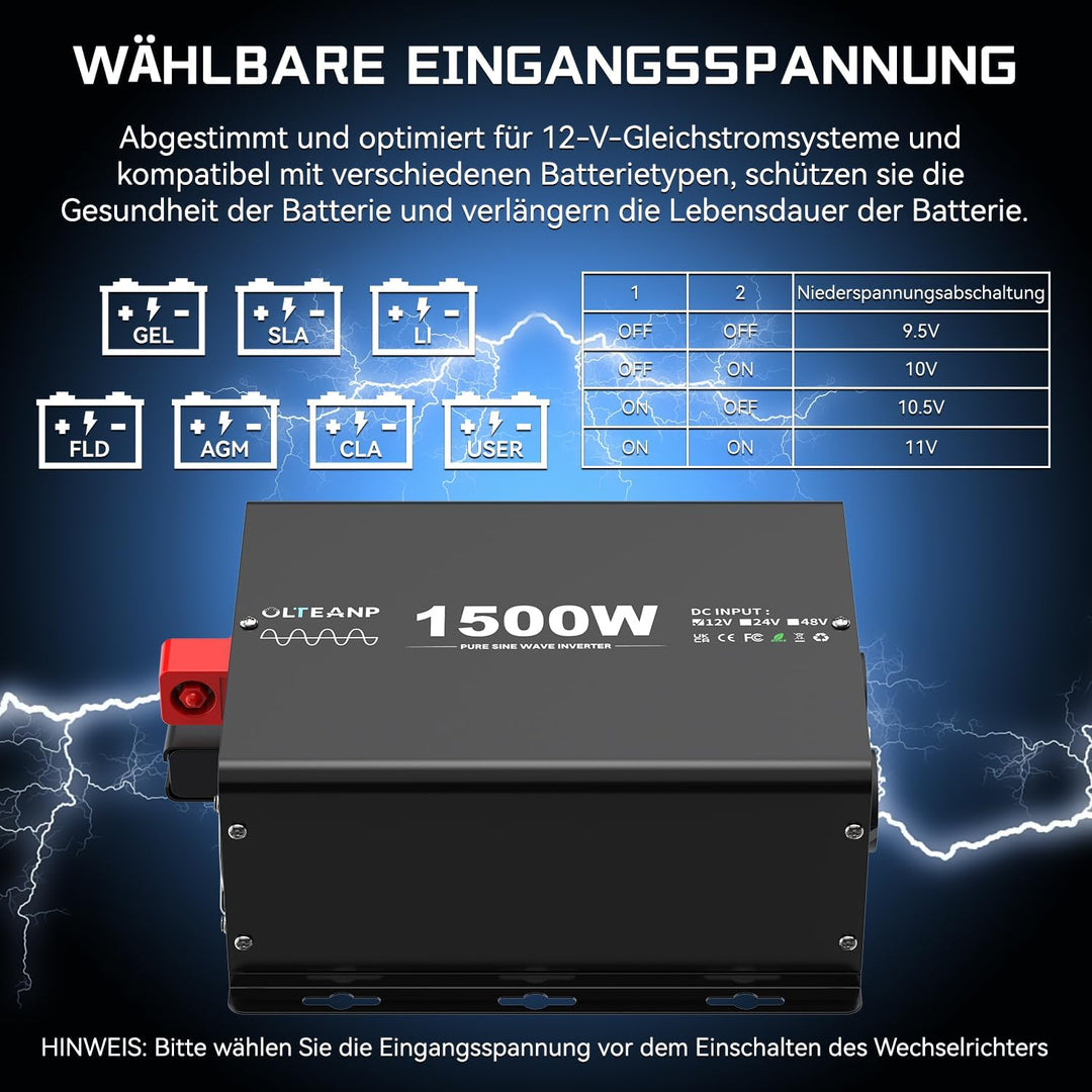 1500W Wechselrichter Reiner Sinus 12V auf 230V KFZ Spannungswandler mit LCD-Bildschirm-Fernbedienung