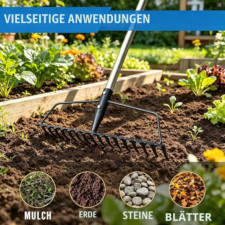 BARAYSTUS Garten Rechen ,Metall Rechen für Rasenflächen Schwerlast aus Edelstahl Verstellbarer Garte