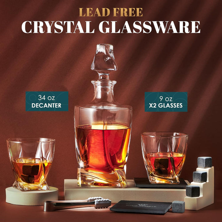 Whisky Geschenkset – Whiskey Gläser, Karaffe, Steine, Eiszange, Untersetzer, Holzkiste, Samtbeutel,