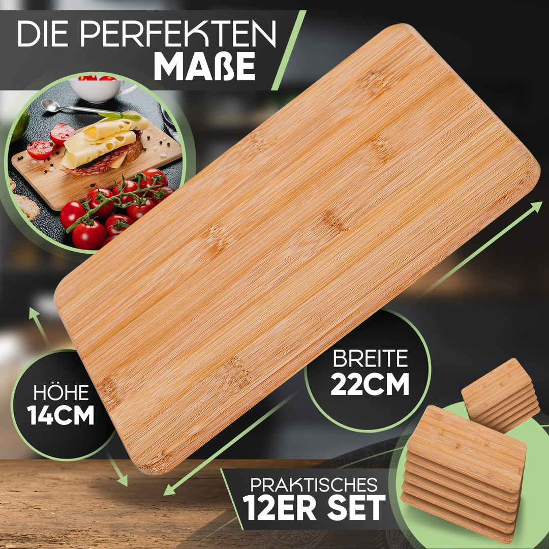 Loco Bird 12er Set Frühstücksbrettchen aus Bambus Holz - 22x14cm - Holzbrettchen für die Küche - Bre