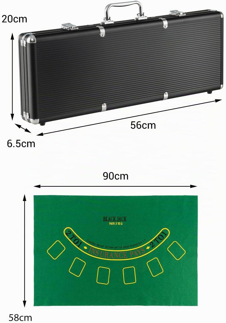 HOMASIS Pokerset mit 500 Chips, Poker Koffer mit 2 Kartendecks, 5 Würfel, Kasino-Matte, 3 Dealer But