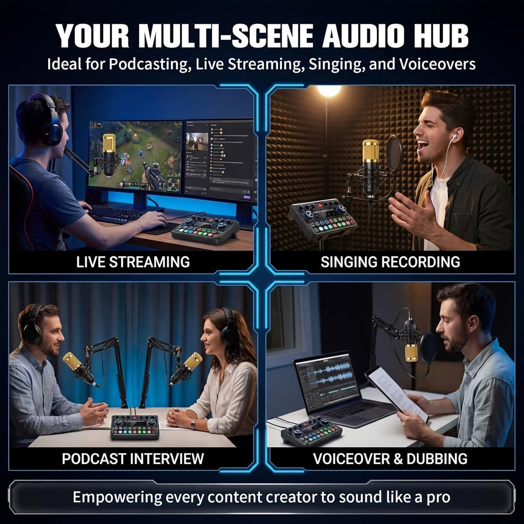 Podcast Equipment Bundle - Podcast Mikrofon Set, Mixer Kit mit Live Soundkarte, for Streaming Singin