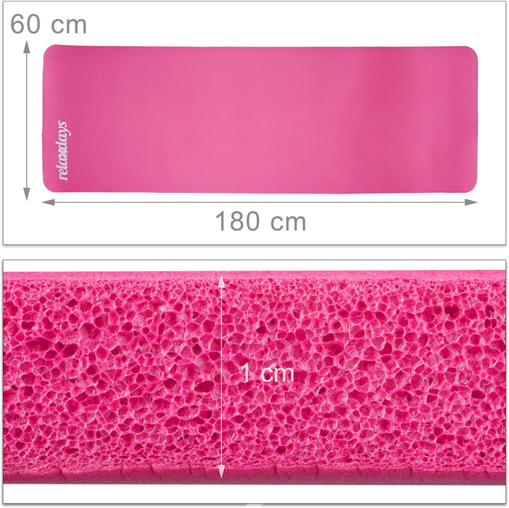 Relaxdays Yogamatte, 1 cm dick, für Pilates, Fitness, gelenkschonend, mit Tragegurt, Gymnastikmatte