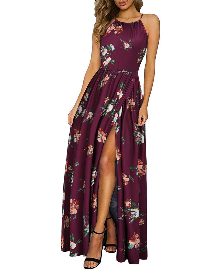 KILIG Damen Sommerkleid Lang Elegant Sommer Neckholder Kleid Hochzeitsgast Maxikleid Partykleid Schl