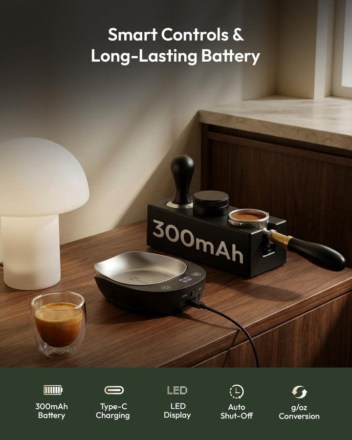 Maestri House wiederaufladbare Kaffeewaage 0,1g präzise mit 8ml Sprühflasche ergonomisches Design mi