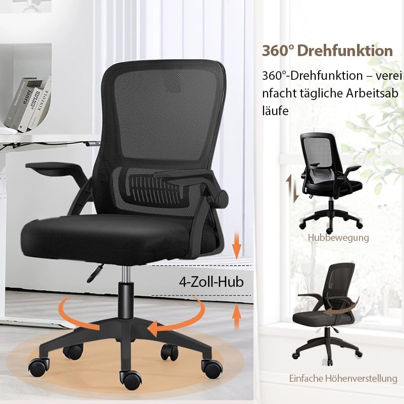 Bürostuhl,Ergonomischer Drehstuhl mit Atmungsaktiver Mesh-Rückenlehne,Hochklappbaren Armlehnen und L