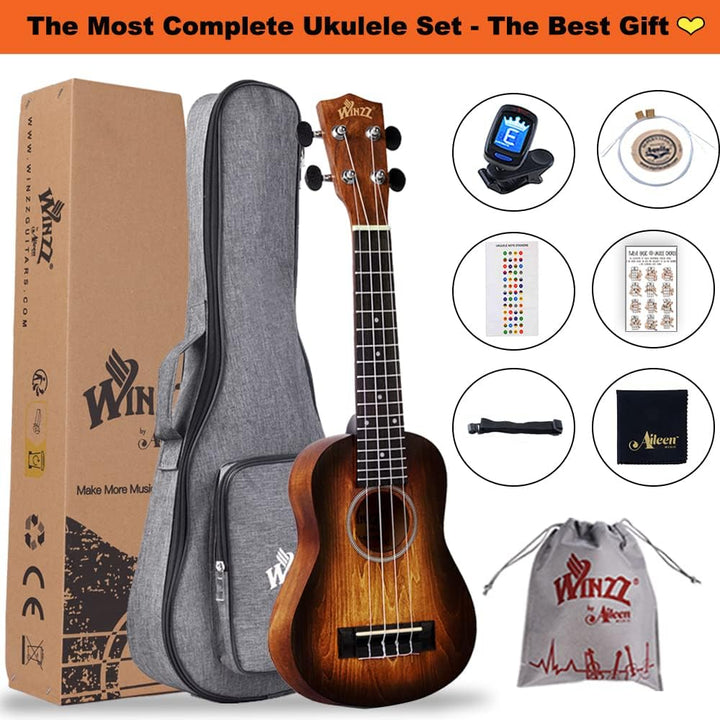 Winzz 21" Sopran Ukulele Anfänger Set Kinderm Erwachsene, Einzigartiges Farbdesign, mit Tasche, Stim