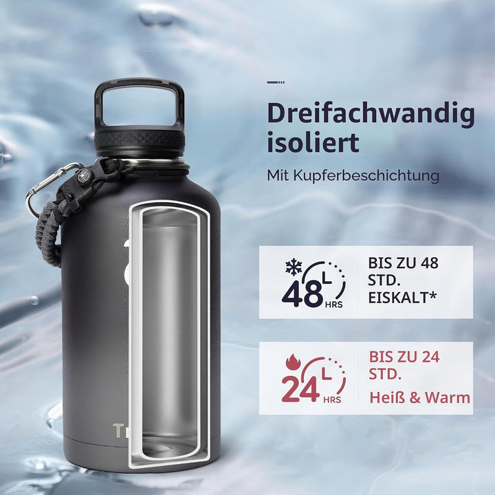 Trebo Wasserflasche mit Paracord-Griff, 1,8 l, lebensmittelecht, doppelwandig, vakuumierter Edelstah