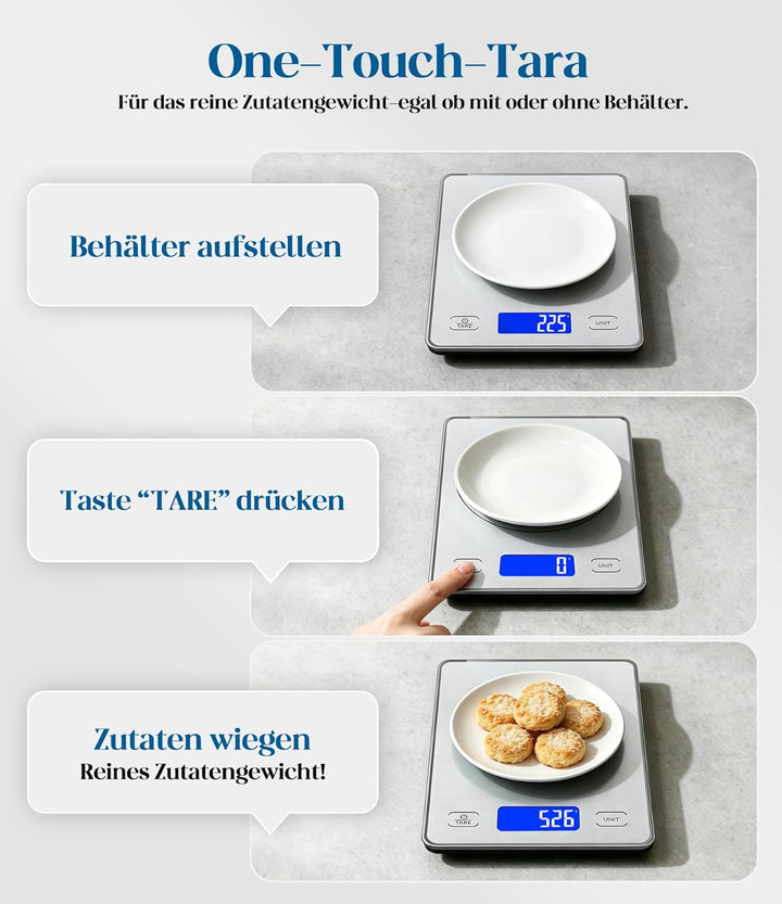 Küchenwaage Digital mit 15 kg Tragkraft, 5 Einheiten in g/ml/fl'oz, Präzise Waage Küche mit Grossem