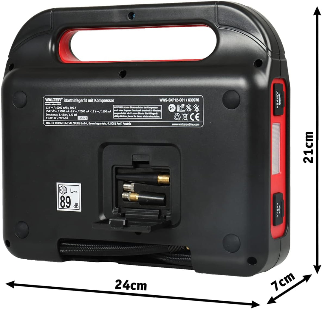 WALTER Li-Ion Starthilfegerät mit Kompressor, 800A Starthilfeleistung, 10.000mAh Akku, USB3.0 und US