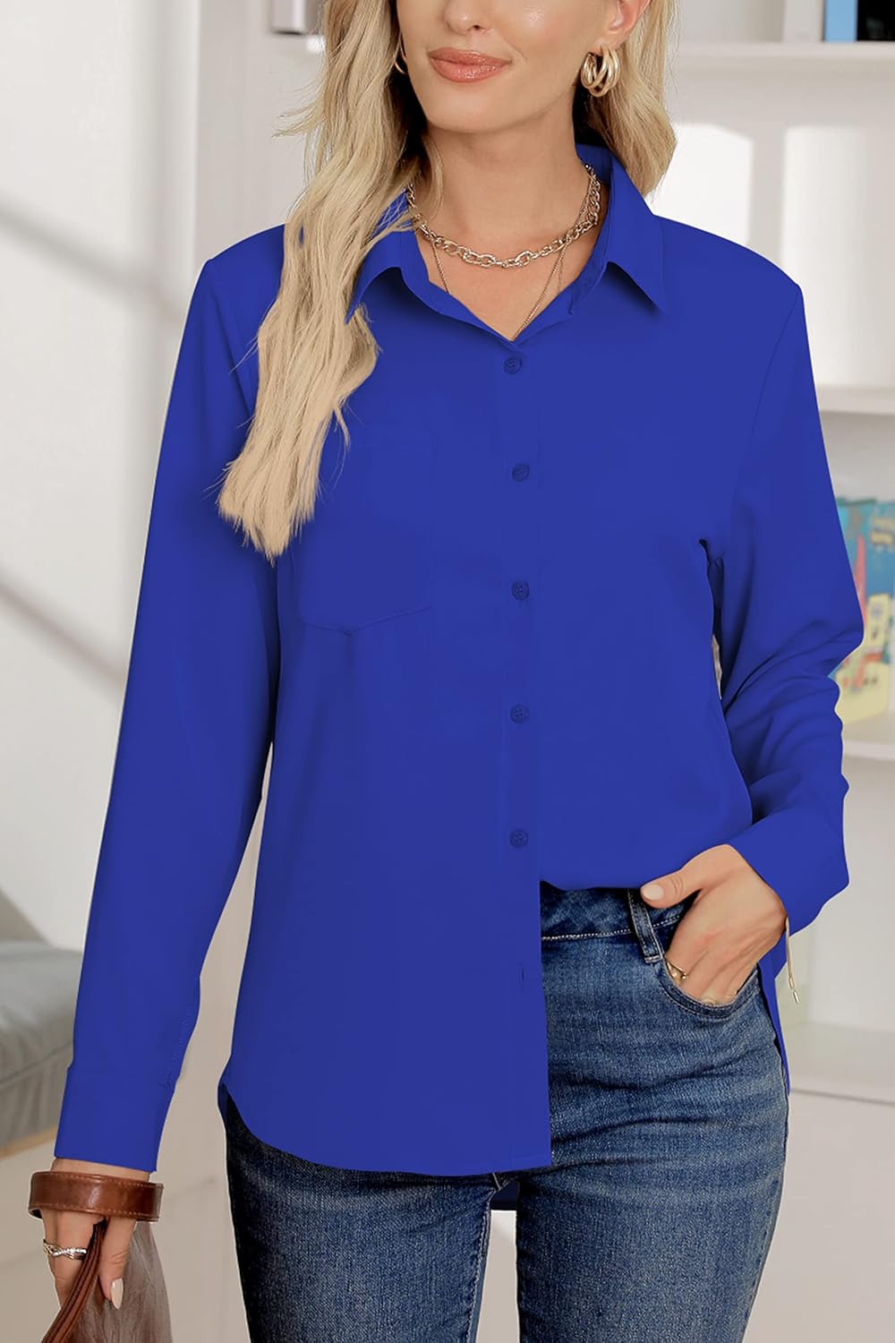 NONSAR Damen Bluse Elegant V-Ausschnitt Hemden Langarm Casual Arbeit Oberteile mit Knöpfen Hemd Lose