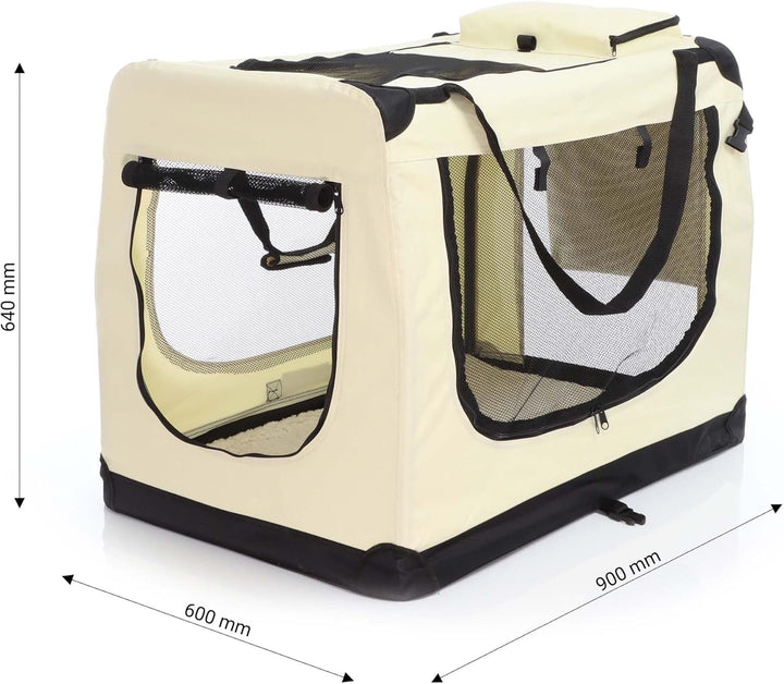 Fudajo Faltbare Transportbox in Beige für Haustiere, Grösse XXL (90x63x63cm), Tragegriff, Liegedecke