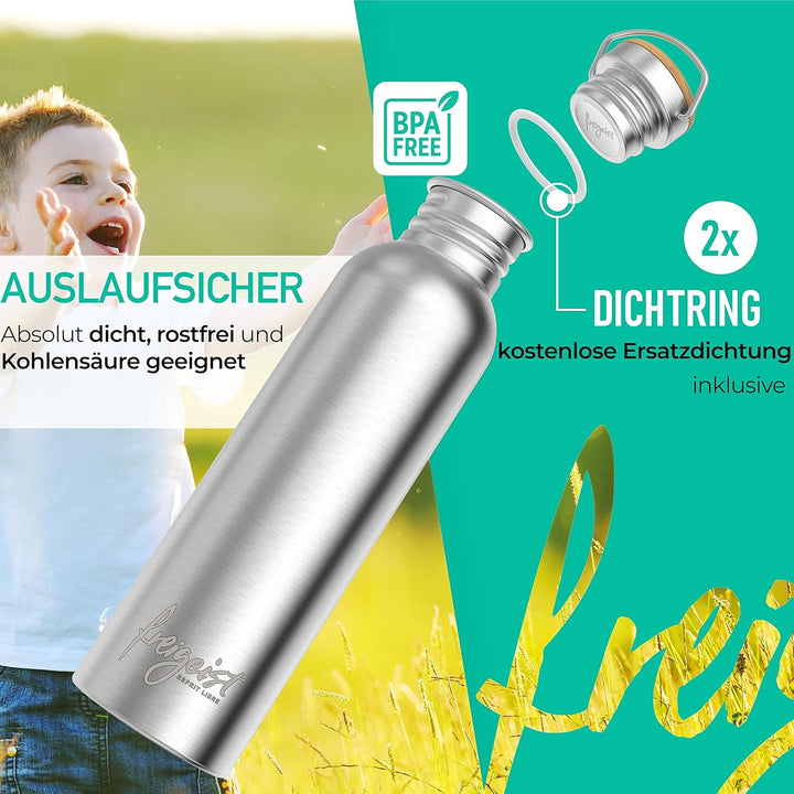 freigeist Trinkflasche Edelstahl einwandig mit Gratis Sportverschluss - Trinkflasche 1l | 750 | 500