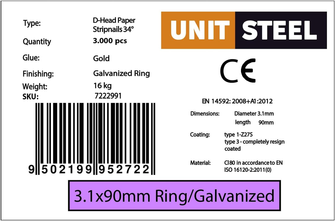 34° Halbkopf-Streifennägel - 3,1x90mm, 3.000 stück, Nägel für Druckluft-Nagler, D-Kopf, Ring/Verzink