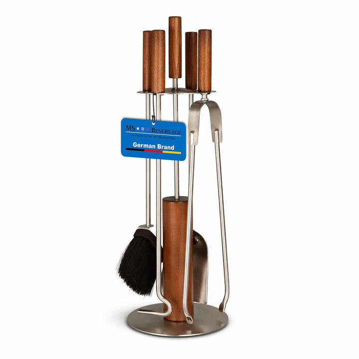MS Beschläge Kaminbesteck Edelstahl mit Holzgriffen 5-teilig - Kamingarnitur modern - Kaminzubehör S