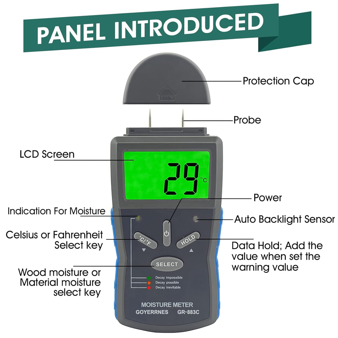 Feuchtigkeitsmessgerät,Pin Typ Digital Holzfeuchtemessgerät,GR-883C Handfeuchtesensor mit 3 farbigen
