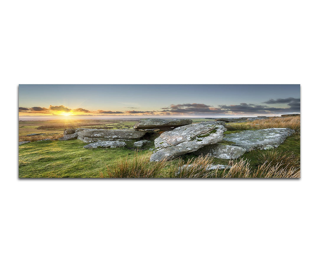 Paul Sinus Art Panoramabild auf Leinwand und Keilrahmen 150x50cm Cornwall Wiese Steine Meer Sonnenun