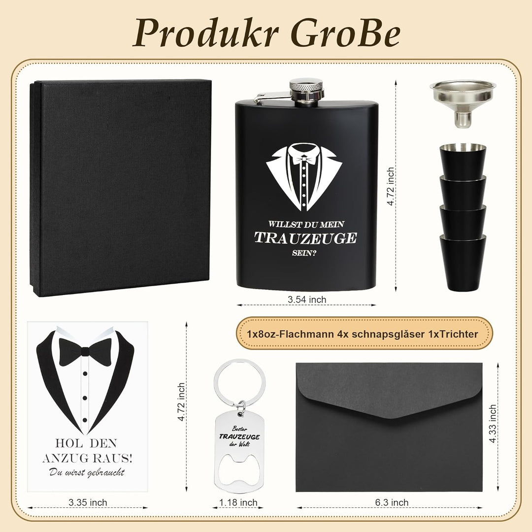 Flachmann mit Gravur 8oz Edelstahl Geschenkset für Trauzeuge und Trauzeugin, Schwarze Geschenkbox mi