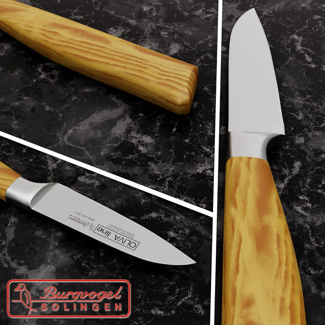 Burgvogel Solingen Gemüsemesser 9 cm geschmiedet Olivenholz, Oliva Line, rostfrei, deutsches Küchenm