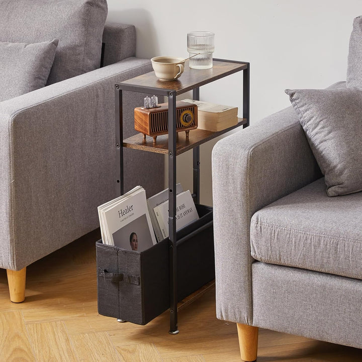 Beistelltisch, 3-stufiger Kleiner Schmaler Sofatisch mit Ablagefach, Schlanke Couchtisch mit Stoffko