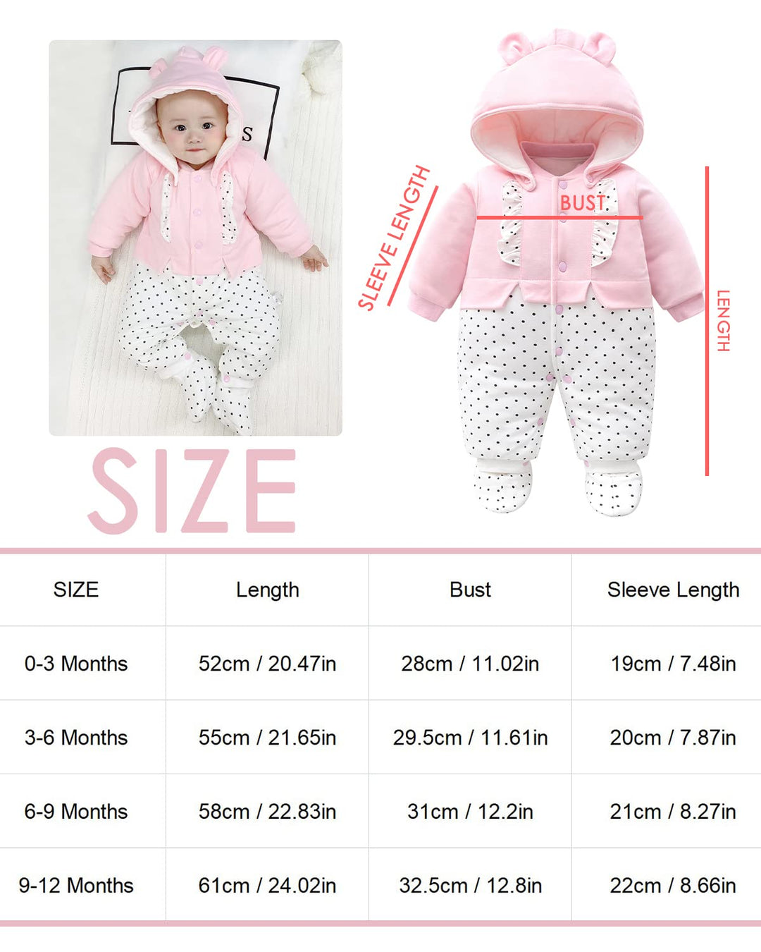 Baby Mädchen Strampler Winter Schneeanzug mit Kapuze Overall Baumwolle Abnehmbarer Hut Outfits Langa