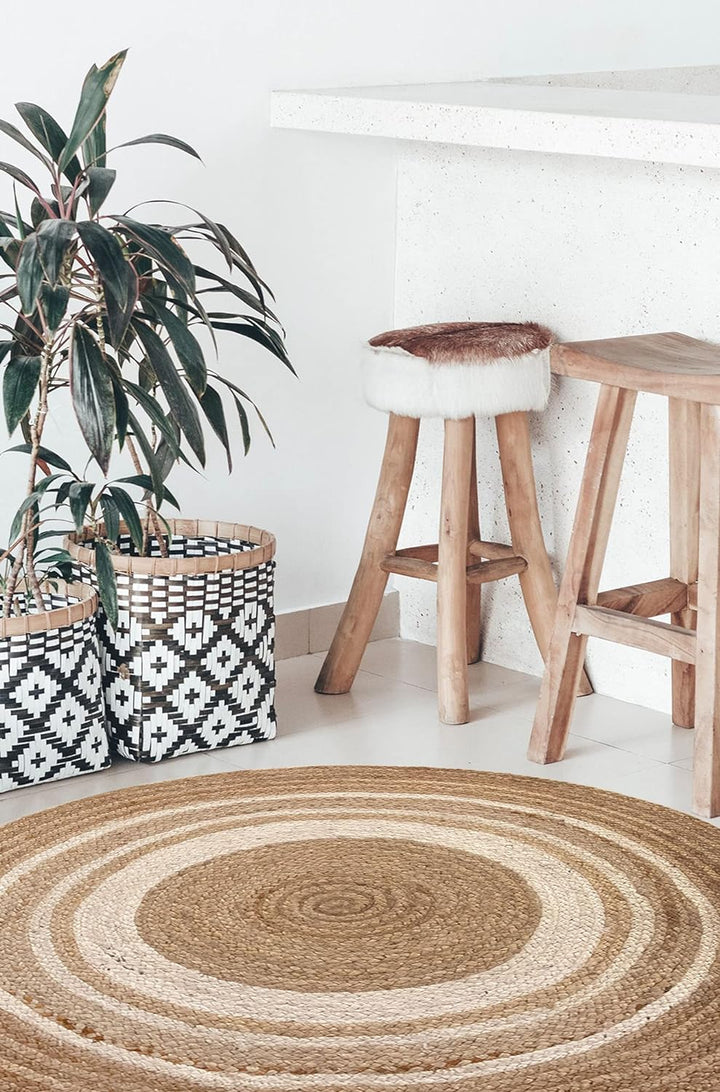 HAMID Jute Teppich Rund, Alhambra Teppich Handgewebt 100% Naturfaser de Jute, Wohnzimmer, Schlafzimm