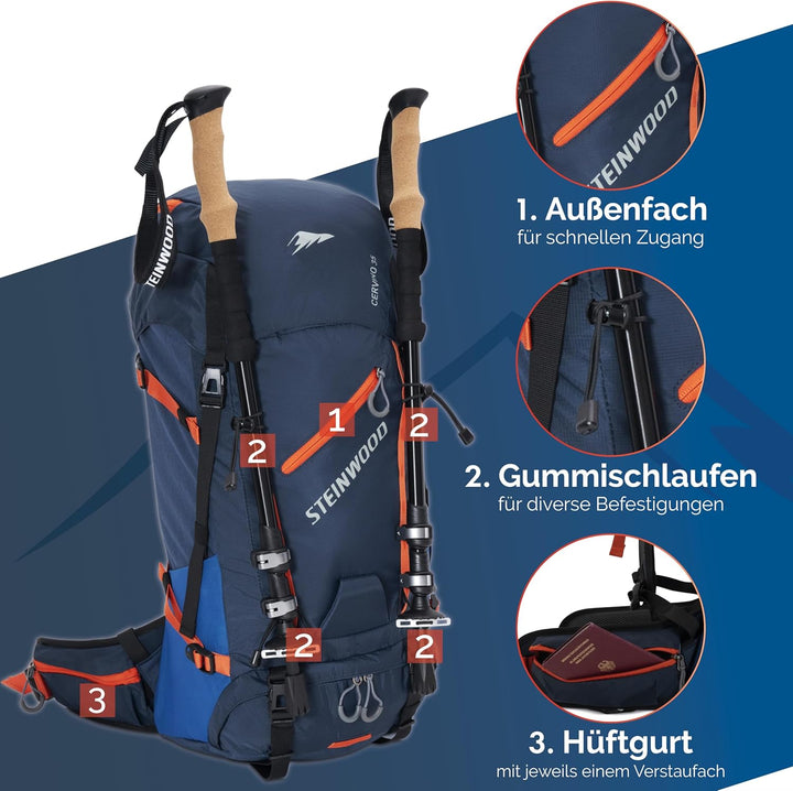Steinwood Wanderrucksack Herren & Damen 35L - Outdoor-Rucksack, Reiserucksack, Tagesrucksack wassera
