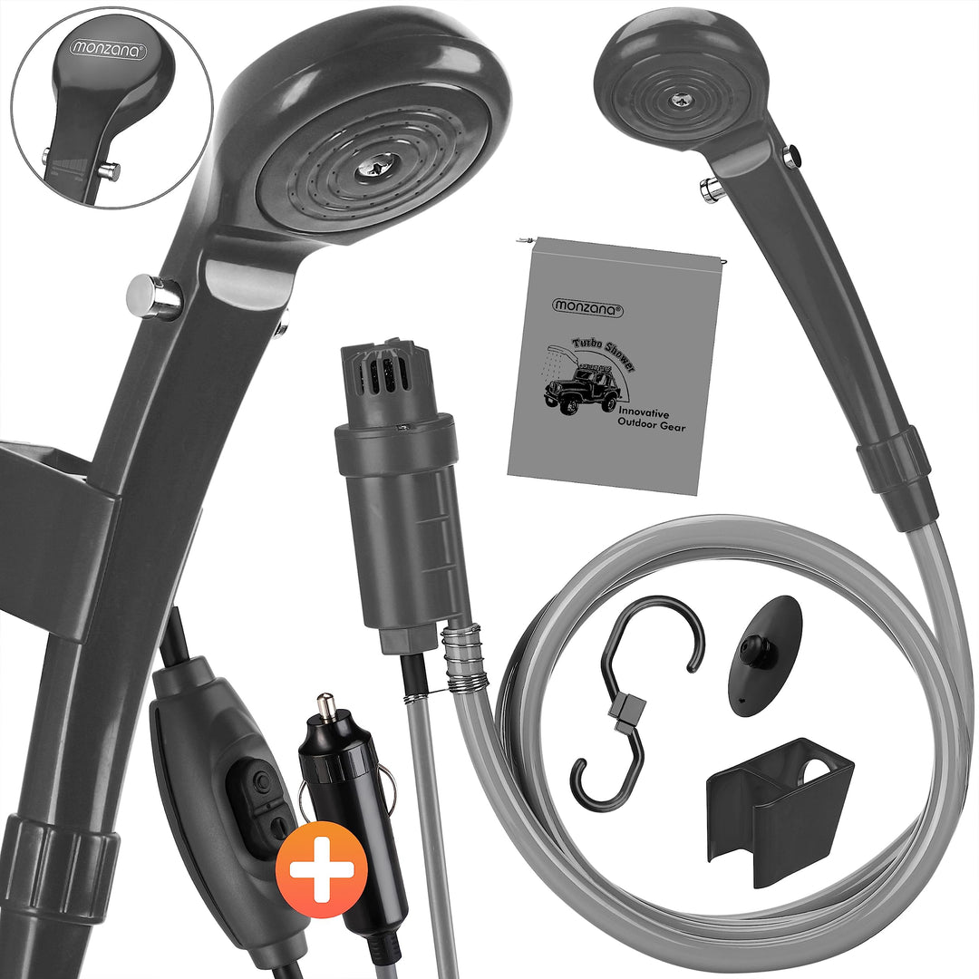 Monzana® Campingdusche tragbar mit Pumpe 12V KFZ-Adapter Aufbewahrungstasche 2m Schlauch 5m Stromkab