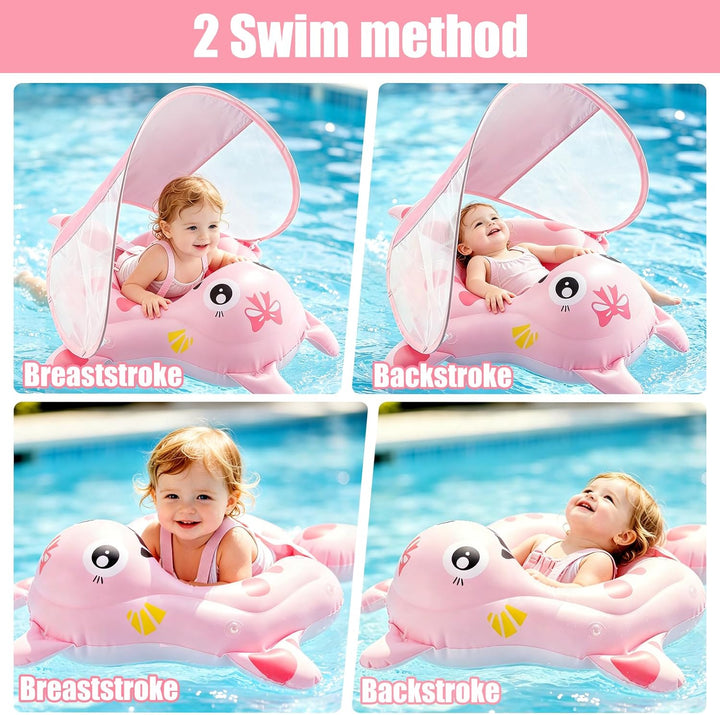 Schwimmring Baby mit Sonnendach Schwimmhilfe mit Sitz Abnehmbares Dach Stabile Form Rochen Design fü