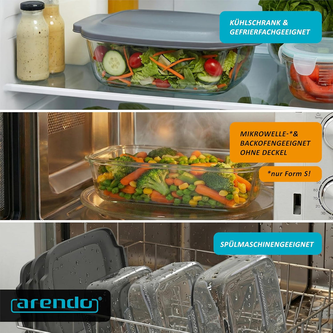 Arendo – Auflaufformen mit Deckel - 3er Set – aus Glas - Borosilikatglas – rechteckige Glasauflauffo