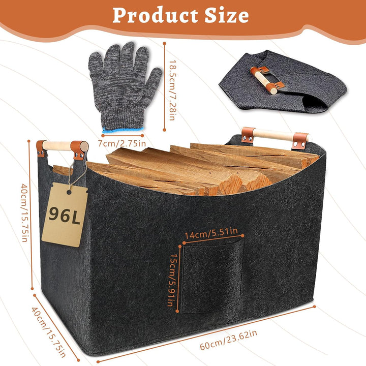 WPPQWP Holzkorb für Kaminholz Gross, Kaminholzkorb Filz XXL(96L, 60x40x40cm), Faltbarer Brennholzkor