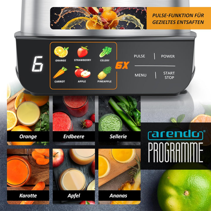 Arendo - Entsafter digital mit Display - 1 Liter – 1000 Watt – XXL Einfüllschacht – LED Display - Fa