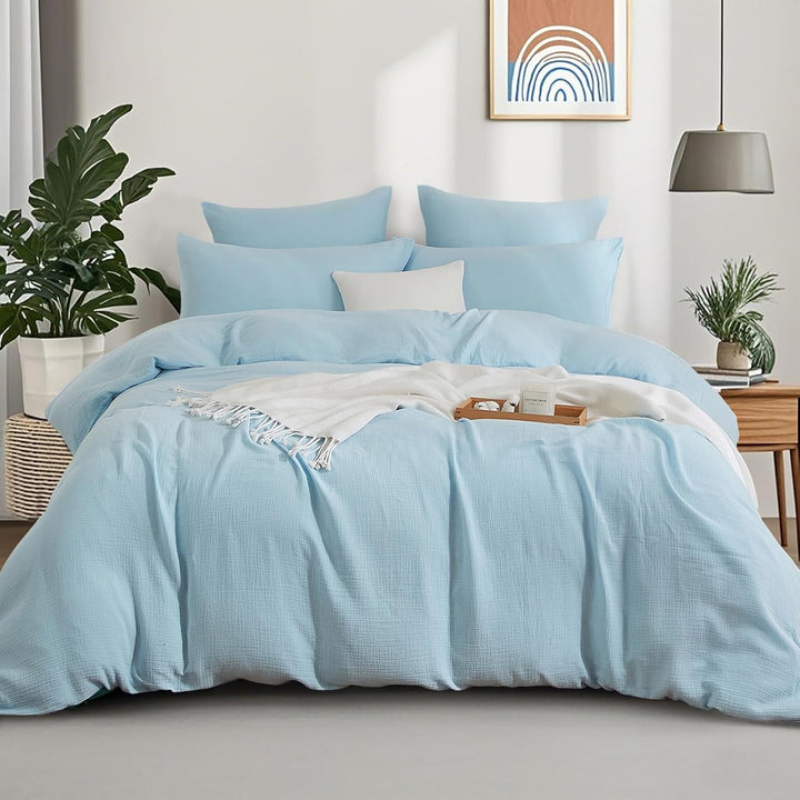 Boqingzhu Doppelte Muslin Bettwäsche 200×220 cm Blau Hellblau Baumwolle – Temperaturregulierend Atmu