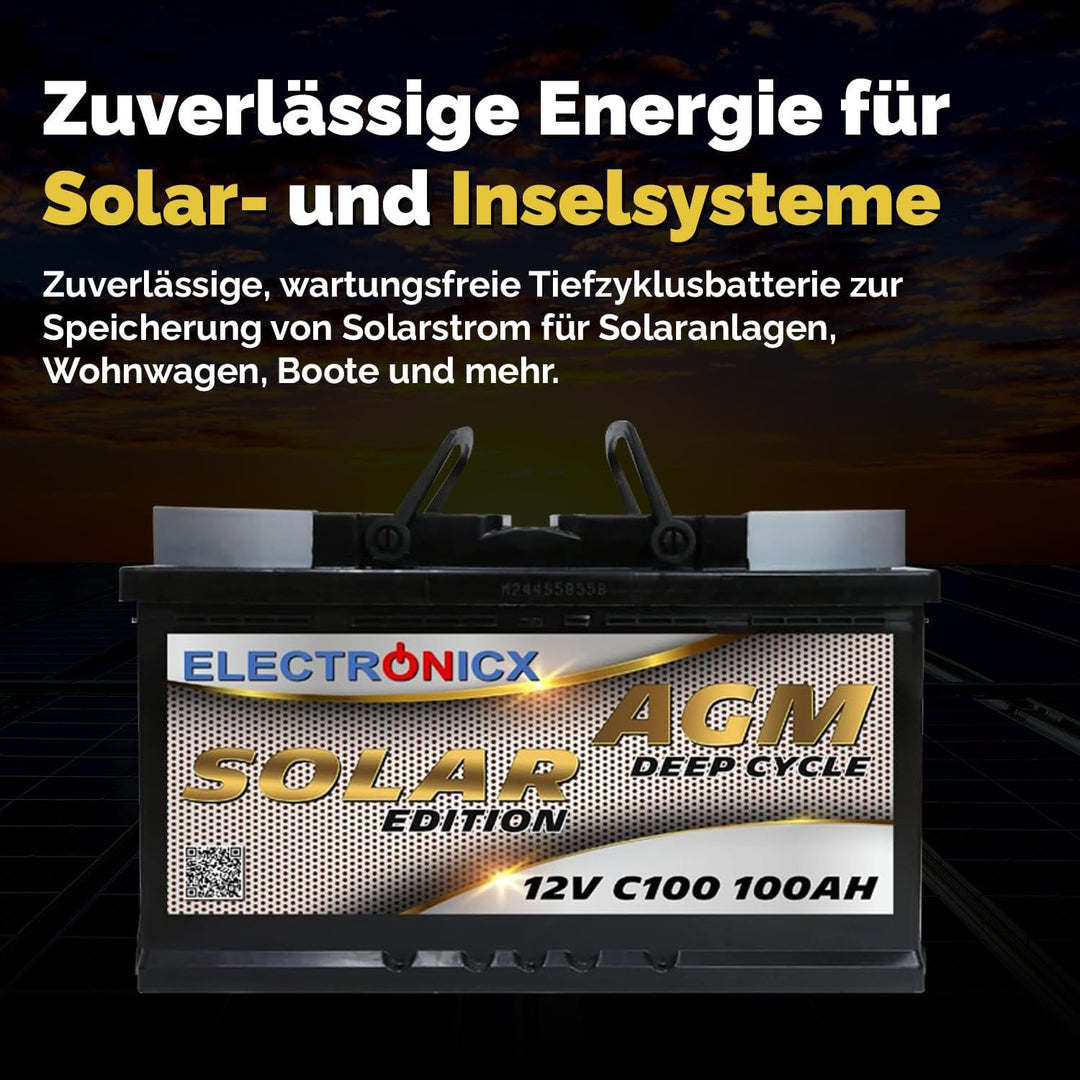 AGM Solarbatterie 12V 100Ah – Wartungsfreier Akku für Wohnwagen, Wohnmobil, Mover, Boot & Off-Grid S