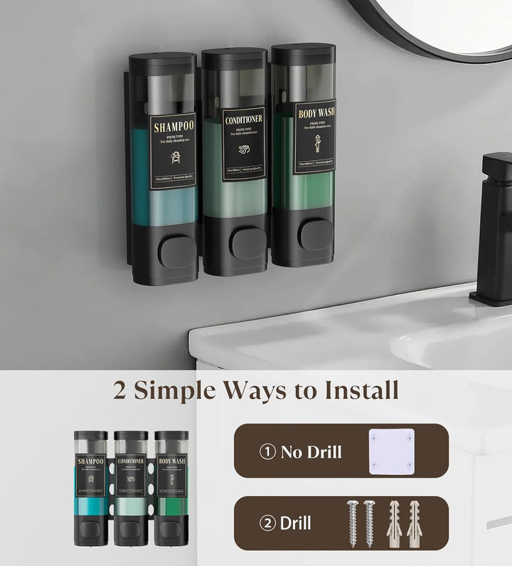 Luxspire Shampoo- und Conditioner-Spender, bohrerloser Wand-Duschseifenspender mit 3 Kammern und was