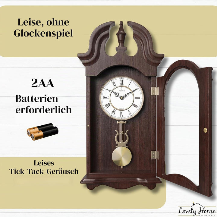 Pendel-Wanduhr batteriebetrieben – Hängende Grossvater-Wanduhr mit Pendel – Leise, Holzpendeluhr – H