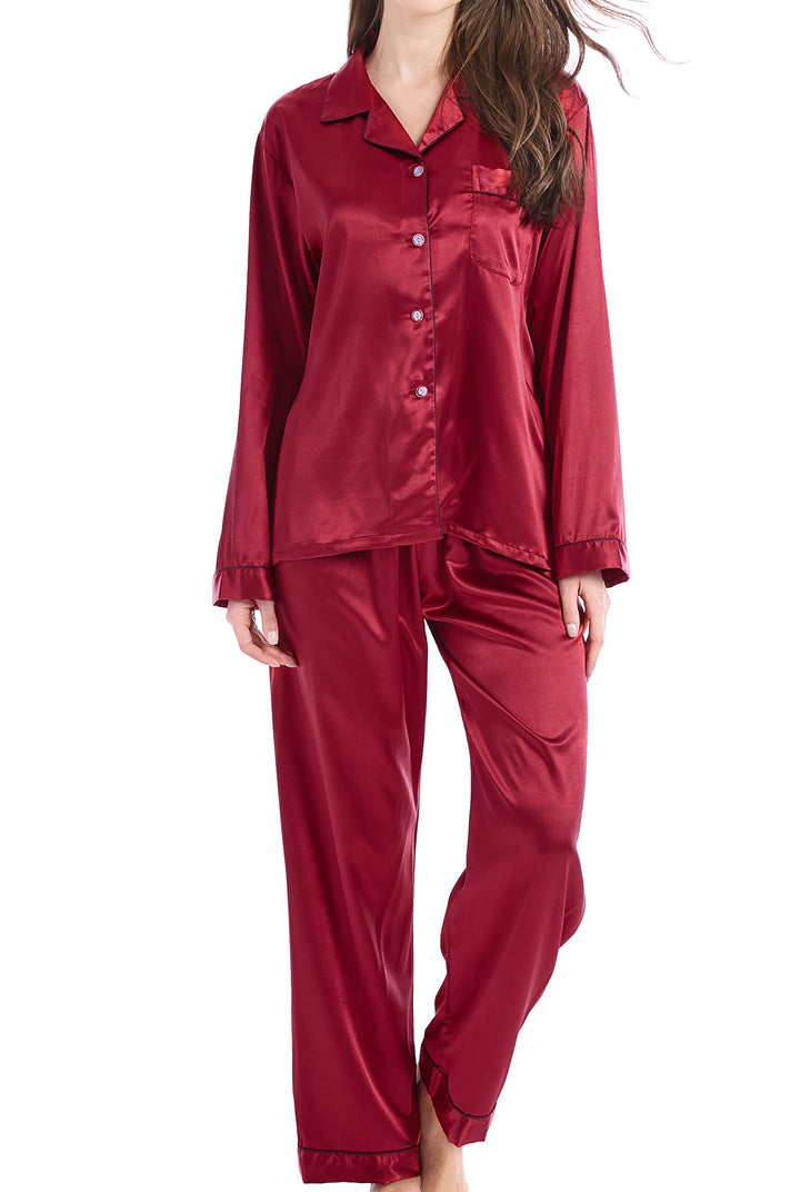 Damen Schlafanzug Pyjama Satin Lang Nachtwäsche Set Klassische Loungewear S Burgunder mit Schwarzer