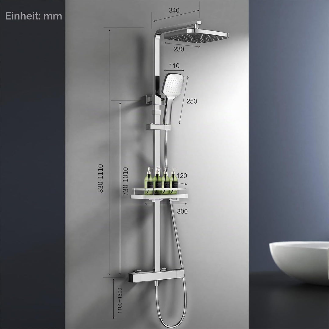 HOMELODY Duschsystem mit Thermostat &amp; Duschablage Chrom - Duscharmatur Komplettset mit Handbrause &amp;