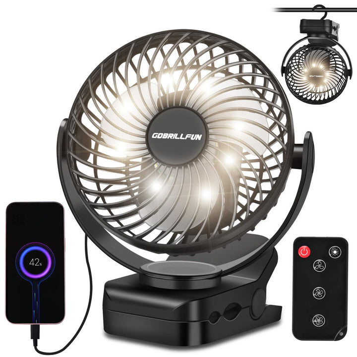 6 Zoll 12000 mAh Fernbedienung Clip-On-Ventilator, LED-Nachtlicht, 3 Geschwindigkeiten, tragbarer pe