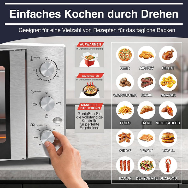 Minibackofen 38 Liter, Pizzaofen Elektrisch 1600W mit Doppeltür, 3 Heizmodi, 70°C-250°C Thermostat u