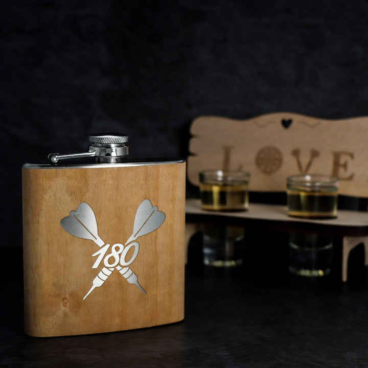 Spruchreif | Flachmann aus Edelstahl mit Gravur | Flachmann aus Holz | Geschenkidee Darts | Outdoor