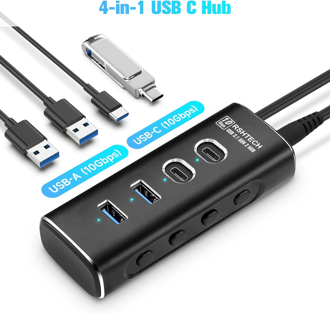 RSHTECH USB C 3.2 Hub Aktiv mit Netzteil, 4-in-1 USB C 3.1 Gen2 Hub mit 4*10Gbps USB-Datenport (2*Ty