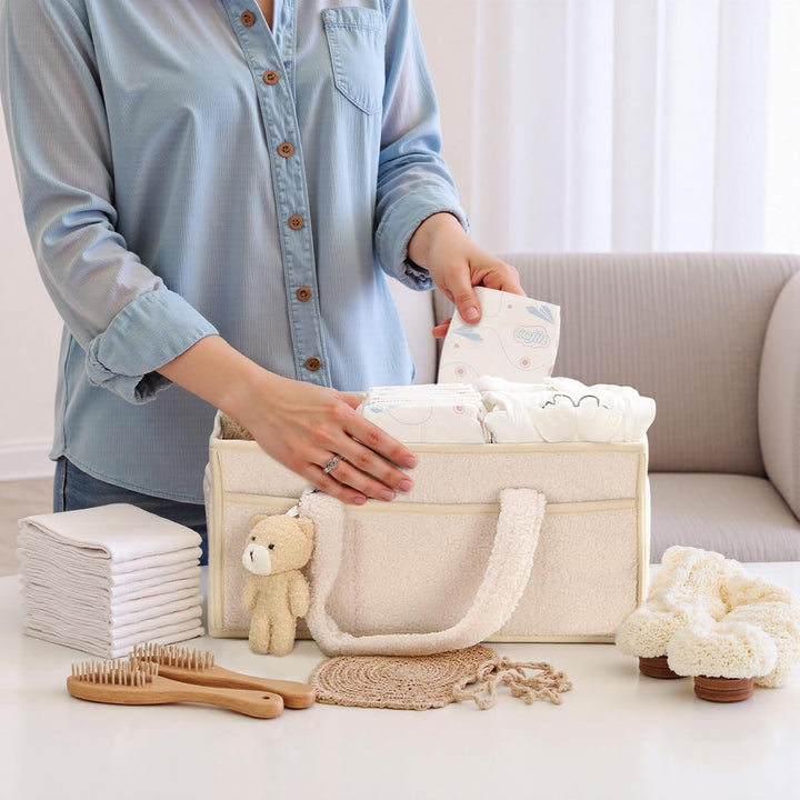 Wickeltisch Organizer, Baby Windel Caddy Organizer Korb mit Fächern & Griffen, Tragbarer Baby Aufbew